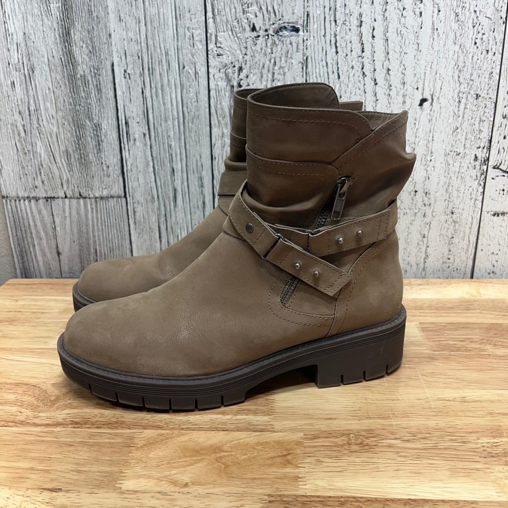 Ruiee Womens Taupe Slouchy Ankle Boots Studded Buckle Strap Side Zip Lug Sole 10 - Picture 3 of 9